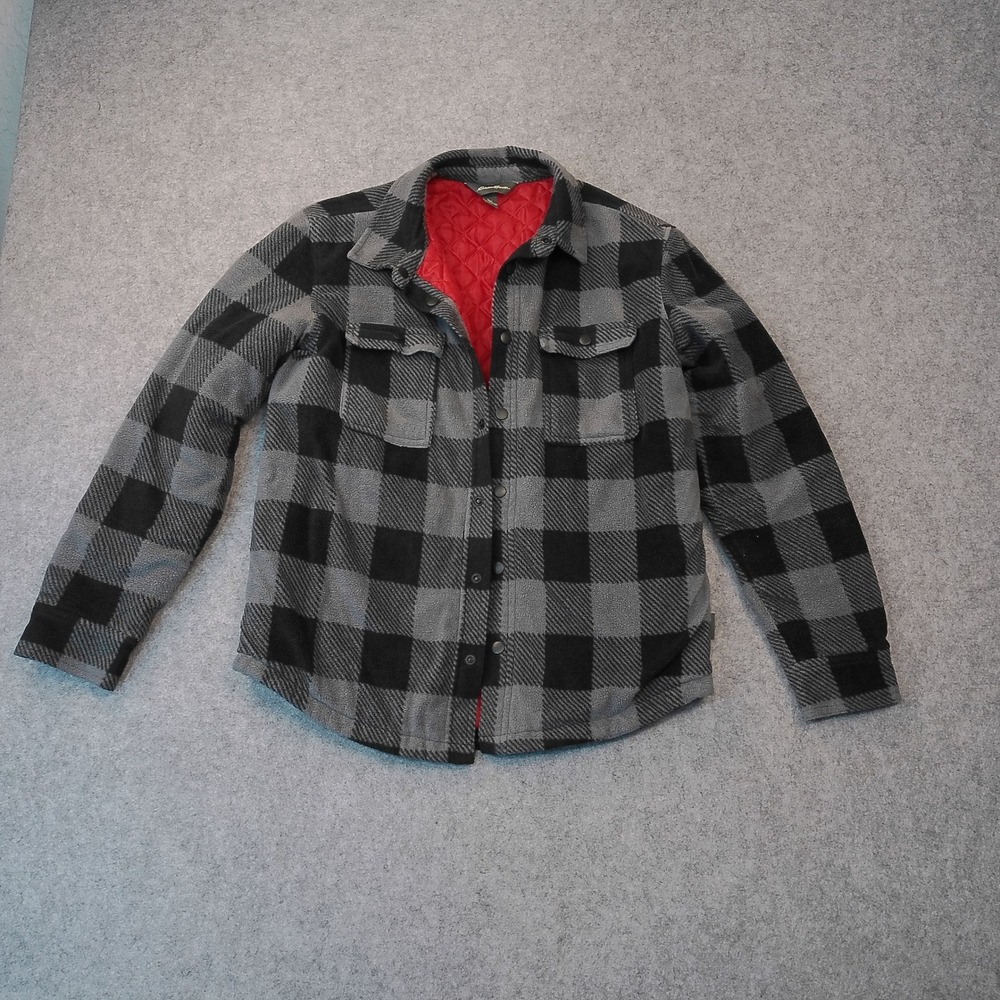 Eddie Bauer Kids M 10/12 Fleece Shirt Jacket Buffalo Plaid Quilted Lining Grey